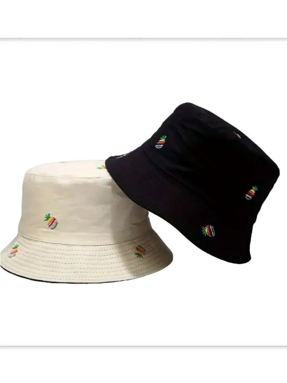 Everlynn Reversible Bucket Hat Pineapple Embroidered Cotton Twill Tan Black OSFM
